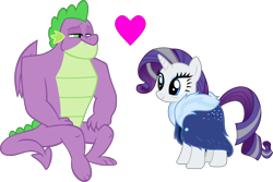 Size: 6727x4495 | Tagged: safe, artist:cloudy glow, artist:cloudyglow, artist:memnoch, edit, imported from derpibooru, rarity, spike, dragon, pony, unicorn, the last problem, bags under eyes, duo, eyeshadow, female, fur coat, gigachad spike, grey hair, heart, makeup, male, mare, older, older rarity, older spike, shipping, simple background, sitting, skunk stripe, smiling, sparity, straight, transparent background, vector, winged spike, wings