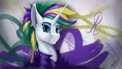 Size: 3840x2160 | Tagged: safe, artist:tenebrisnoctus, imported from derpibooru, rarity, pony, unicorn, alternate hairstyle, bust, clothes, ear piercing, earring, female, graffiti, jacket, jewelry, leather jacket, mare, piercing, punk, raripunk, solo