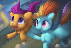 Size: 7400x4996 | Tagged: safe, artist:auroriia, imported from derpibooru, rainbow dash, scootaloo, pegasus, pony, absurd resolution, cute, duo, female, filly, flying, holding a pony, mare, open mouth, rainbow, scootalove, spread wings, windswept mane, wings