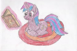 Size: 3128x2093 | Tagged: safe, artist:cosmicspark, imported from derpibooru, oc, oc only, oc:cosmic spark, pony, unicorn, book, colored pencil drawing, comments locked down, female, lying down, magic, mare, prone, telekinesis, traditional art, traditional drawing