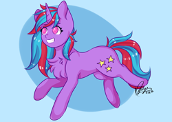 Size: 3507x2480 | Tagged: safe, artist:myugi, imported from derpibooru, oc, oc only, oc:cosmic spark, pony, unicorn, blue background, comments locked down, female, high res, mare, signature, simple background, smiling, solo