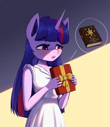 Size: 1900x2202 | Tagged: safe, artist:mrscroup, imported from derpibooru, twilight sparkle, anthro, unicorn, blushing, book, clothes, dress, present, solo, white dress