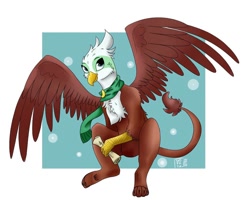Size: 1080x864 | Tagged: safe, artist:_shotataarts_, imported from derpibooru, greta, griffon, pony, abstract background, clothes, female, scarf, scroll, sitting, smiling, solo, spread wings, wings