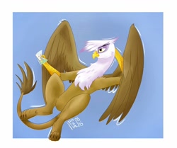 Size: 1080x904 | Tagged: safe, artist:_shotataarts_, imported from derpibooru, gilda, griffon, pony, abstract background, arm behind head, chest fluff, female, relaxing, signature, smiling, solo, wings