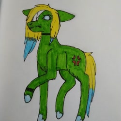 Size: 1080x1080 | Tagged: safe, artist:_shotataarts_, imported from derpibooru, oc, oc only, earth pony, pony, bandage, choker, colored hooves, cross-popping veins, earth pony oc, female, mare, raised hoof, solo, traditional art