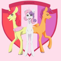 Size: 1080x1080 | Tagged: safe, artist:_shotataarts_, imported from derpibooru, apple bloom, scootaloo, sweetie belle, earth pony, pegasus, pony, unicorn, growing up is hard to do, the last problem, colored hooves, cutie mark, cutie mark crusaders, eyes closed, female, filly, horn, open mouth, raised hoof, smiling, smirk, solo, the cmc's cutie marks, trio, trio female, wings