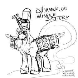 Size: 900x900 | Tagged: safe, artist:aphexangel, imported from derpibooru, oc, oc:shimmering missile battery, alicorn, pony, alicorn oc, buff, cigar, crown, ethereal tail, horn, jewelry, missile launcher, muscles, phalanx, radar, regalia, small wings, sunglasses, tattoo, what has science done, wings