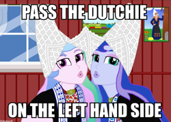 Size: 1200x856 | Tagged: safe, artist:robukun, imported from derpibooru, princess celestia, princess luna, equestria girls, caption, dutch, image macro, musical youth, pass the dutchie, principal celestia, pun, song reference, text, vice principal luna