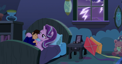 Size: 1920x1020 | Tagged: safe, artist:brandonthebronypony, artist:limedazzle, imported from derpibooru, starlight glimmer, oc, oc:brandon, human, pony, unicorn, bed, canon x oc, cuddling, cuddling in bed, female, interspecies, kite, male, self insert, shipping, sleeping, straight