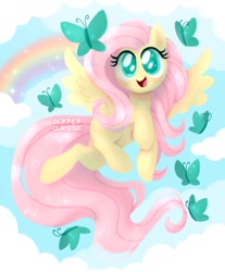 Size: 1113x1345 | Tagged: safe, artist:dipperclassic, imported from derpibooru, fluttershy, butterfly, pegasus, pony, adorable face, art, beautiful, cloud, cute, fanart, flying, happy, looking at something, missing cutie mark, rainbow, scenery, shyabetes, soft color, solo, sparkles, spread wings, weapons-grade cute, wings