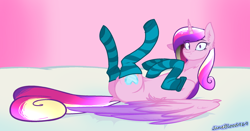 Size: 2302x1202 | Tagged: safe, artist:jane969, artist:janeblood969, imported from derpibooru, princess cadance, alicorn, pony, bed, clothes, cute, cutedance, female, laying on bed, lying, lying down, lying on bed, mare, on bed, socks, solo, stockings, striped socks, thigh highs