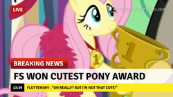 Size: 1280x720 | Tagged: safe, edit, edited screencap, imported from derpibooru, screencap, discord, fluttershy, draconequus, pegasus, pony, best gift ever, break your own news, breaking news, cute, discovery family logo, duo, eyes closed, feather boa, female, male, mare, shyabetes, smiling, trophy