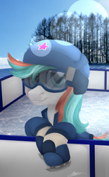 Size: 2100x3393 | Tagged: safe, artist:broken wings, imported from derpibooru, oc, oc only, pony, chest fluff, female, fence, helmet, ice, ice skates, lens flare, looking at you, mare, photo, signature, snow, solo, tree, winter