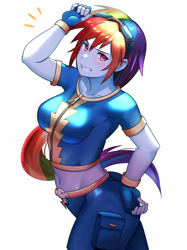 Size: 800x1067 | Tagged: safe, artist:tzc, imported from derpibooru, rainbow dash, equestria girls, belly button, boobs and butt pose, breasts, busty rainbow dash, clothes, midriff, pants, reasonably sized breasts, redraw, short shirt, simple background, solo, white background