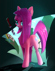 Size: 2344x3000 | Tagged: safe, artist:xbi, imported from derpibooru, pinkie pie, earth pony, pony, breaking the fourth wall, female, grin, knife, looking at you, mare, pinkamena diane pie, smiling, solo, the fourth wall cannot save you, this will end in cupcakes