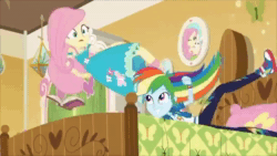 Size: 1280x720 | Tagged: safe, edit, edited screencap, imported from derpibooru, screencap, fluttershy, rainbow dash, do it for the ponygram!, equestria girls, equestria girls series, spoiler:eqg series (season 2), animated, backwards, bed, converse, edited video, extreme speed animation, female, fluttershy's bedroom, reversed, seizure warning, shoes, sound, webm