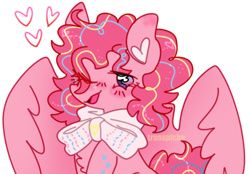 Size: 1280x890 | Tagged: safe, artist:transpichu, imported from derpibooru, pinkie pie, pegasus, accessory, alternate hairstyle, blushing, bow, chest fluff, clothes, ear fluff, heart, one eye closed, open mouth, pegasus pinkie pie, race swap, scarf, simple background, solo, transparent background, wink