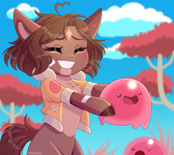 Size: 3000x2676 | Tagged: safe, artist:ohhoneybee, imported from derpibooru, oc, oc only, oc:kloh, earth pony, pony, chibi, clothes, coat markings, eyes closed, facial markings, female, holding, jacket, mare, pale belly, slime, slime rancher, solo, star (coat marking), tree