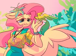 Size: 1831x1343 | Tagged: safe, artist:dodsie, imported from derpibooru, fluttershy, anthro, bird, pegasus, clothes, colored eyelashes, dress, female, floppy ears, flower, flower in hair, hippieshy, jewelry, necklace, shirt, tie dye