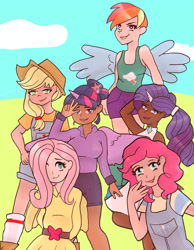 Size: 1280x1652 | Tagged: safe, artist:dailyagony, imported from derpibooru, applejack, fluttershy, pinkie pie, rainbow dash, rarity, twilight sparkle, alicorn, human, arm behind back, clothes, dark skin, dress, hair bun, horn, horned humanization, humanized, looking at you, mane six, overalls, ponytail, pose, shirt, short hair, shorts, tanktop, twilight sparkle (alicorn), winged humanization, wings