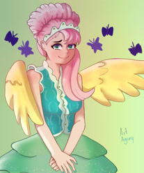 Size: 1280x1543 | Tagged: safe, artist:dailyagony, imported from derpibooru, fluttershy, human, clothes, dress, female, humanized, jewelry, looking at you, modelshy, solo, tiara, winged humanization, wings