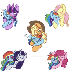 Size: 827x832 | Tagged: dead source, safe, artist:vibrantwishes, imported from derpibooru, applejack, fluttershy, pinkie pie, rainbow dash, rarity, twilight sparkle, earth pony, pegasus, pony, unicorn, appledash, blushing, female, flutterdash, hug, hug from behind, kissing, lesbian, mane six, no pupils, onomatopoeia, pinkiedash, rainbow dash gets all the mares, raridash, shipping, simple background, sound effects, twidash, white background, zzz