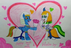 Size: 3455x2340 | Tagged: safe, artist:bsw421, imported from derpibooru, oc, oc:hectra, oc:prince scarab, oc:scarab, pegasus, pony, bouquet, clothes, couple expressions, couples, egyptian, egyptian pony, female, flower, headdress, hearts and hooves day, holiday, husband and wife, makeup, male, oc x oc, rose, shipping, skirt, straight, traditional art, valentine's day