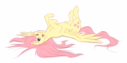 Size: 4000x2000 | Tagged: safe, artist:galinn-arts, imported from derpibooru, fluttershy, pegasus, pony, looking at you, lying down, on back, smiling, solo