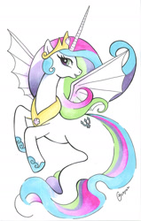 Size: 1275x2008 | Tagged: safe, artist:yunyan-ny, imported from derpibooru, princess celestia, alicorn, hybrid, merpony, pony, seapony (g4), crown, eyelashes, female, fish tail, flowing mane, flowing tail, hoof shoes, horn, jewelry, long horn, necklace, open mouth, regalia, seaponified, seapony celestia, seashell, shell, simple background, smiling, solo, species swap, tail, traditional art, white background, wings