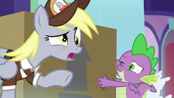 Size: 1920x1080 | Tagged: safe, imported from derpibooru, screencap, derpy hooves, spike, dragon, pegasus, pony, the point of no return, clothes, duo, female, hat, mailmare hat, mailmare uniform, male, mare, open mouth, package, school of friendship, winged spike, wings