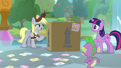 Size: 1920x1080 | Tagged: safe, imported from derpibooru, screencap, derpy hooves, spike, twilight sparkle, alicorn, dragon, pegasus, pony, the point of no return, butt, female, hat, mail, mailmare hat, mailmare uniform, male, mare, open mouth, package, school of friendship, trio, twilight sparkle (alicorn)