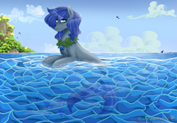 Size: 1771x1234 | Tagged: safe, artist:nekomellow, imported from derpibooru, oc, oc only, bird, fish, seapony (g4), shark, art trade, blue eyes, blue mane, cloud, fish tail, jewelry, logo, necklace, ocean, seashell, seaweed, shell, sky, smiling, solo, tail, tree, water
