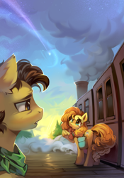 Size: 2067x2953 | Tagged: safe, artist:share dast, imported from derpibooru, grand pear, pear butter, earth pony, pony, bag, crying, duo, ear fluff, father and child, father and daughter, female, frog (hoof), high res, looking at each other, male, sad, saddle bag, teary eyes, train, underhoof, waving