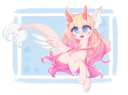 Size: 1424x1054 | Tagged: safe, artist:chimeeri, imported from derpibooru, oc, oc only, seapony (g4), starfish, blue background, blue eyes, blushing, eyelashes, female, fins, fish tail, flowing mane, flowing tail, long hair, open mouth, seashell, shell, simple background, smiling, solo, tail, white background, wings