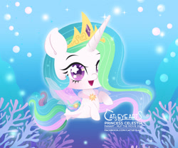 Size: 1866x1563 | Tagged: safe, artist:catseyeart, imported from derpibooru, princess celestia, alicorn, pony, seapony (g4), blushing, bubble, chibi, clothes, crown, dorsal fin, female, fin wings, fish tail, flowing mane, flowing tail, horn, jewelry, logo, looking at you, necklace, ocean, open mouth, purple eyes, regalia, seaponified, seapony celestia, see-through, smiling, solo, sparkles, species swap, tail, underwater, water, wings