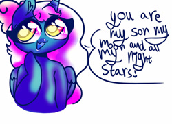 Size: 1024x742 | Tagged: safe, artist:iloveehlm, imported from derpibooru, oc, oc:fleurbelle, alicorn, alicorn oc, bow, female, hair bow, horn, mare, misspelling, speech bubble, wingding eyes, wings