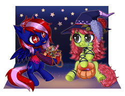 Size: 2217x1700 | Tagged: safe, artist:purring_cat, imported from derpibooru, oc, oc only, oc:shella swift, demon, earth pony, pegasus, pony, candy, chibi, clothes, commission, costume, crying, food, halloween, halloween costume, holiday, night, red eyes, sequins, witch, ych result