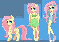 Size: 4096x2926 | Tagged: safe, artist:hrukii, imported from derpibooru, fluttershy, anthro, pegasus, pony, unguligrade anthro, equestria girls, anthro ponidox, breasts, cleavage, clothes, female, human anthrodox, human ponidox, mare, raised hoof, self ponidox, shoes, trace, triality