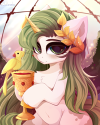 Size: 4000x5000 | Tagged: safe, artist:xsatanielx, imported from derpibooru, oc, oc:golden flower, bird, pony, unicorn, absurd resolution, belly button, commission, female, freckles, goblet, green mane, holy grail, laurel wreath, mare, rcf community, ych result