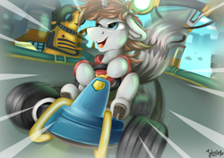 Size: 4093x2894 | Tagged: safe, artist:julunis14, imported from derpibooru, oc, oc only, oc:speedy button, pony, unicorn, clothes, crash team racing, driving, hoodie, kart, solo