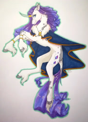 Size: 1920x2657 | Tagged: safe, artist:oneiria-fylakas, imported from derpibooru, rarity, classical unicorn, pony, unicorn, cloven hooves, curved horn, female, horn, horn jewelry, jewelry, leonine tail, looking at you, mantle, mare, simple background, solo, traditional art, unshorn fetlocks, watercolor painting, white background