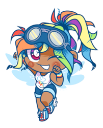 Size: 669x829 | Tagged: safe, artist:yokokinawa, imported from derpibooru, kotobukiya, rainbow dash, human, chibi, cute, dark skin, dashabetes, goggles, heart eyes, humanized, kotobukiya rainbow dash, looking at you, no nose, one eye closed, simple background, smiling, solo, white background, wingding eyes, winged humanization, wings, wink