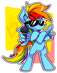 Size: 800x1024 | Tagged: safe, artist:thegreatrouge, imported from derpibooru, rainbow dash, pegasus, pony, bipedal, crossed arms, crossover, deal with it, female, friday night funkin', mare, microphone, solo, sunglasses, swag, wing hands, wing hold, wings