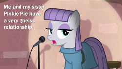 Size: 2000x1125 | Tagged: safe, edit, edited screencap, imported from derpibooru, screencap, igneous rock pie, maud pie, earth pony, pony, the maud couple, caption, clothes, comedy, female, frock coat, funny, geologist, geology, gneiss, image macro, implied pinkie pie, joke, mare, maud the comedian, microphone, open mouth, orthogneiss, paragneiss, pun, rock pun, satire, sedimentary rock, shadow, spotlight, talking, text, wordplay