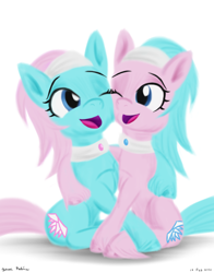 Size: 1100x1400 | Tagged: safe, artist:rockhoppr3, imported from derpibooru, aloe, lotus blossom, earth pony, pony, hug, spa twins