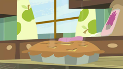 Size: 1280x720 | Tagged: safe, imported from derpibooru, screencap, the break up breakdown, background, food, kitchen, liminal space, no pony, pie, scenic ponyville, sweet apple acres