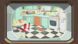 Size: 1280x720 | Tagged: safe, imported from derpibooru, screencap, the break up breakdown, background, kitchen, liminal space, no pony, scenic ponyville, television