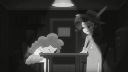 Size: 1366x768 | Tagged: safe, imported from derpibooru, screencap, pinkie pie, rarity, equestria girls, equestria girls series, rarity investigates: the case of the bedazzled boot, detective rarity, geode of sugar bombs, grayscale, magical geodes, monochrome, rarity investigates (eqg): pinkie pie