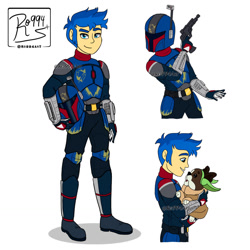 Size: 1280x1280 | Tagged: safe, artist:ro994, imported from derpibooru, banana (dog), banana (g4), flash sentry, dog, human, equestria girls, armor, blaster, clothes, cosplay, costume, crossover, grogu, male, mandalorian, signature, simple background, star wars, the mandalorian, watermark, white background
