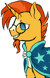Size: 525x810 | Tagged: source needed, useless source url, safe, artist:valientminiatureobject, imported from derpibooru, sunburst, pony, unicorn, clothes, glasses, no pupils, robe, simple background, smiling, solo, sunburst's cloak, sunburst's glasses, sunburst's robe, white background